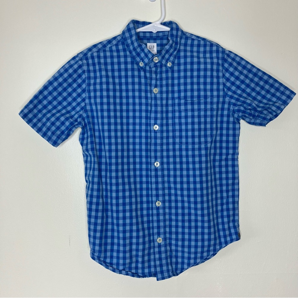 Gap boys blue checked plaid cotton short sleeve button down shirt M